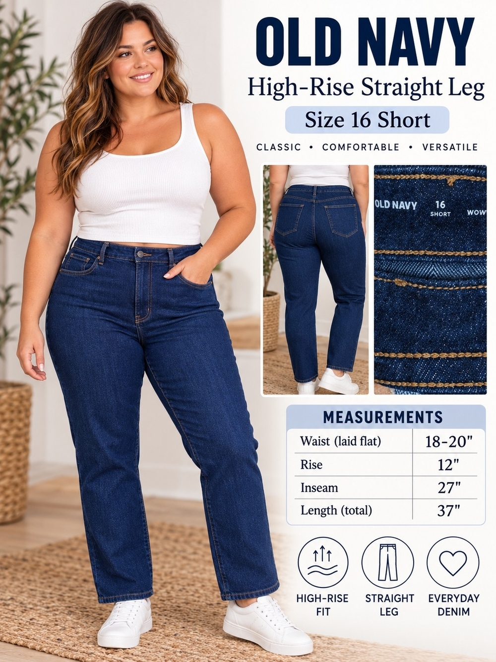 A56. Old Navy High-Rise Wow Straight Jeans Women's Blue Waist 16 Short NWT